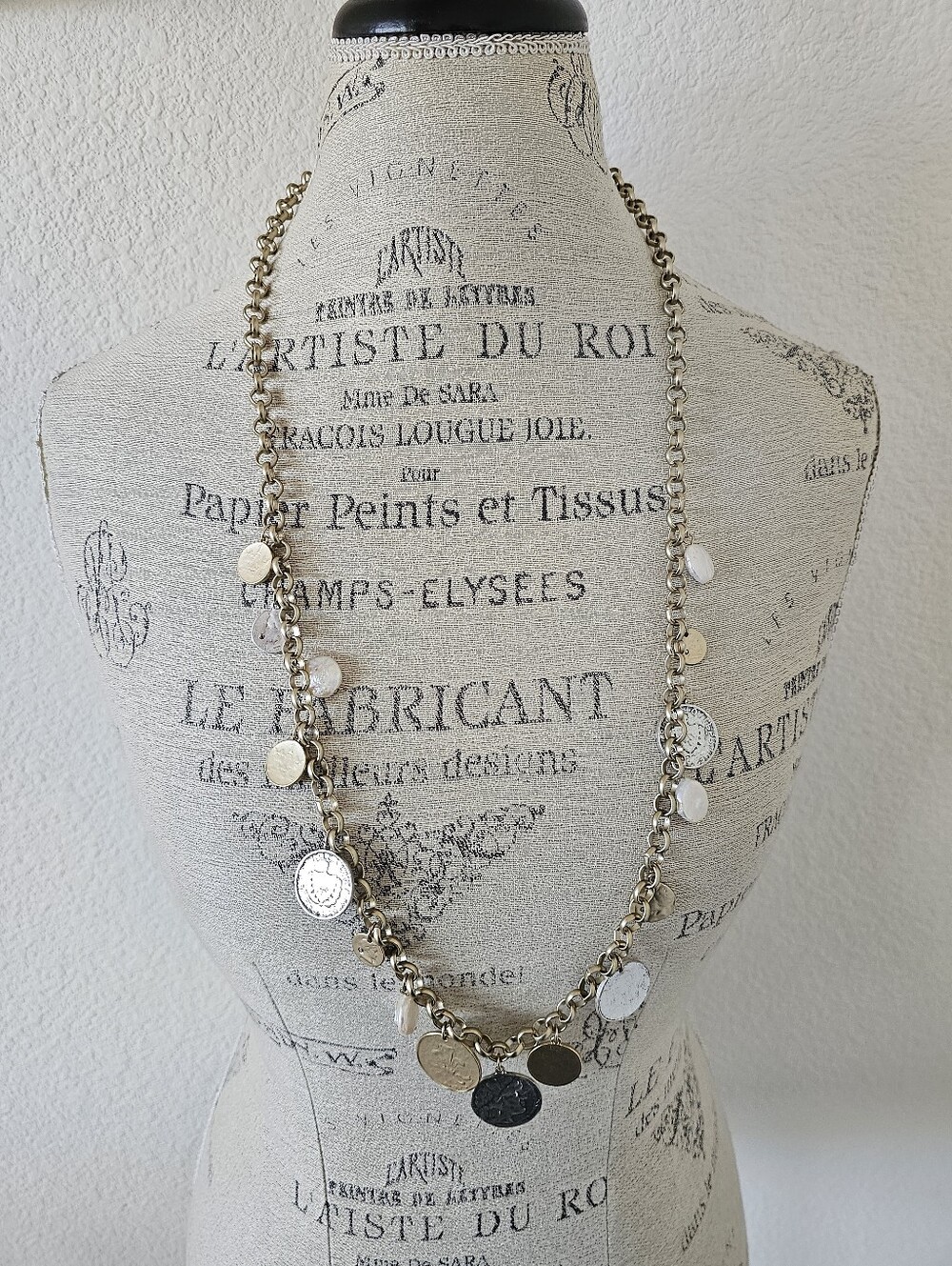 Chico's Matte Gold Mixed Coin & Faux Coin Pearl Rolo Charm Necklace, 38"​